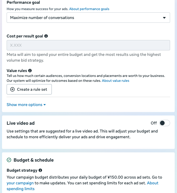 Check the conversation goal, CTWA budget and schedule