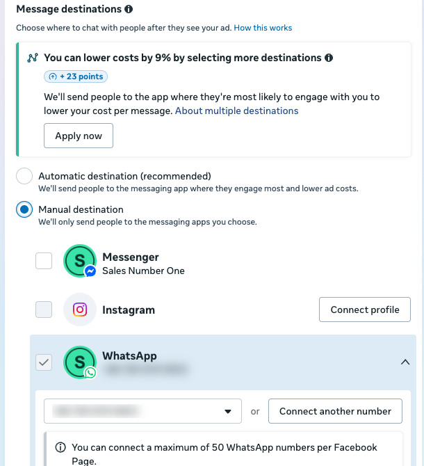 Choose WhatsApp as the only messaging destination; the number is blurred