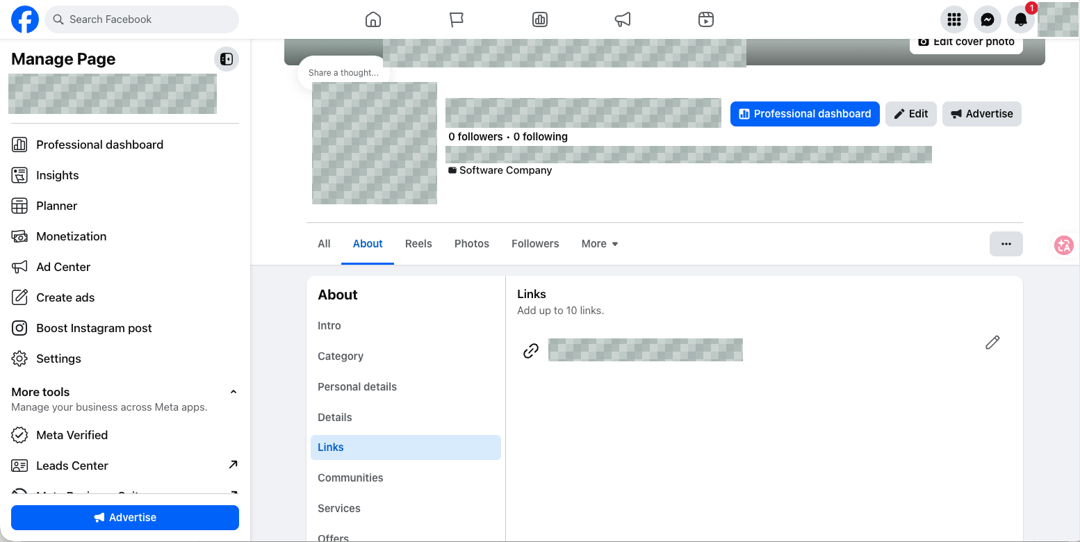 Check the website under About → Links. The pencil control edits the link. The actual domain and brand details are masked.