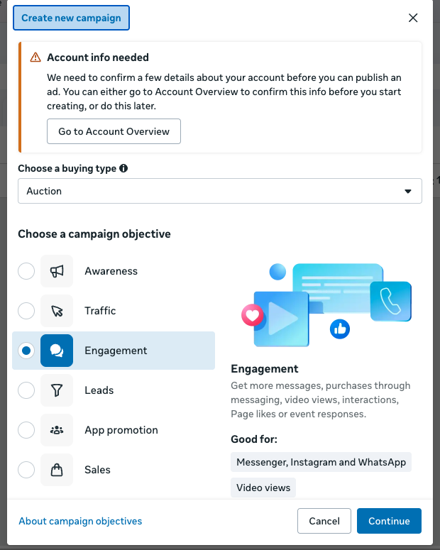 Choose Engagement for a click-to-WhatsApp campaign