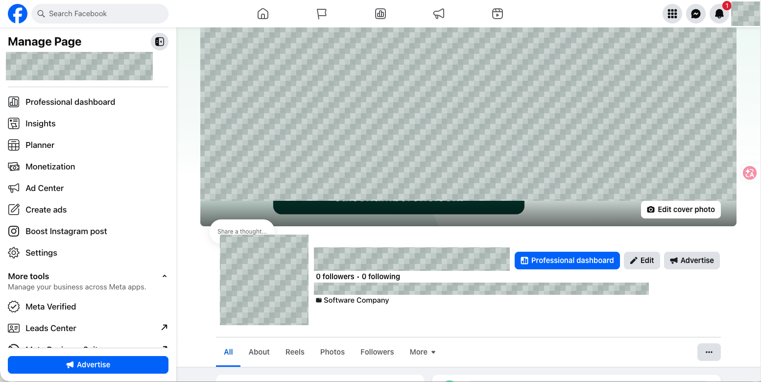 The actual profile and cover positions. Edit cover photo is visible on the right; the brand artwork has been masked.