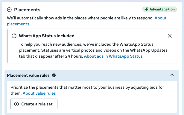 Review automatic placements and the WhatsApp Status placement notice