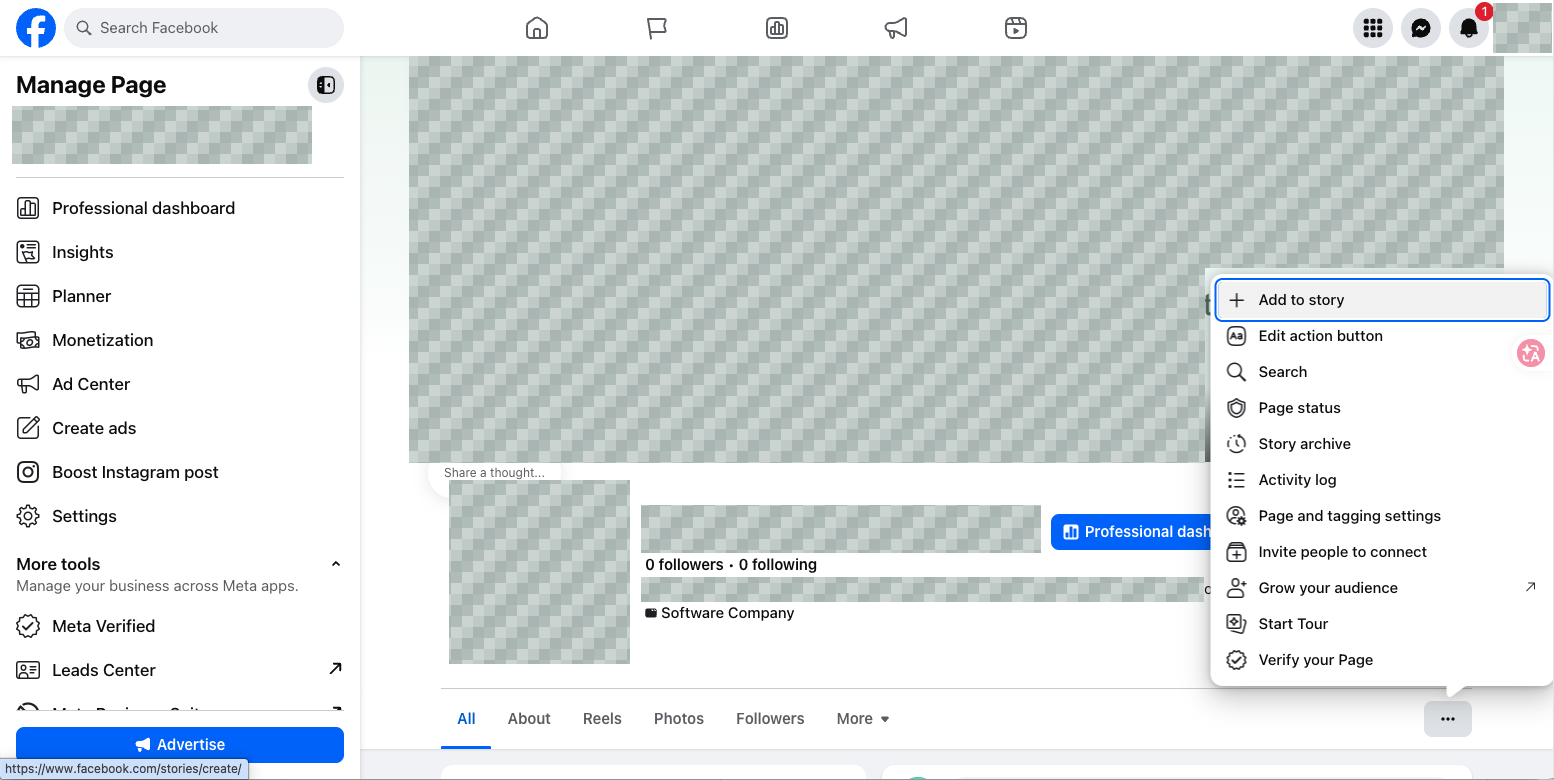The Page menu shows Edit action button after an action button has been set. Open its settings to verify the linked number; this menu alone does not prove which number is connected.