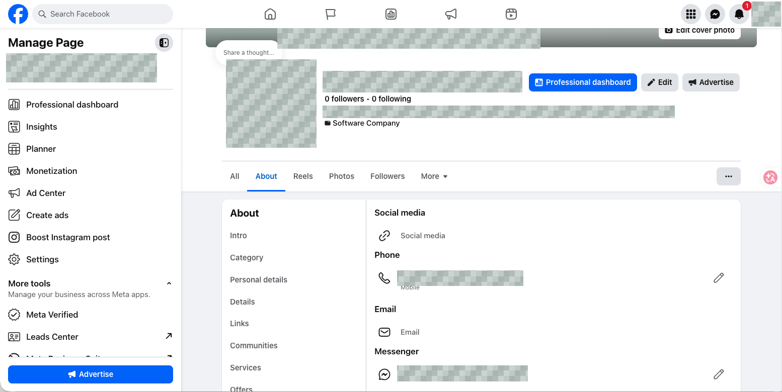 The Phone field in Page contact information. The actual number, brand and account details are masked; the field and edit control remain visible.