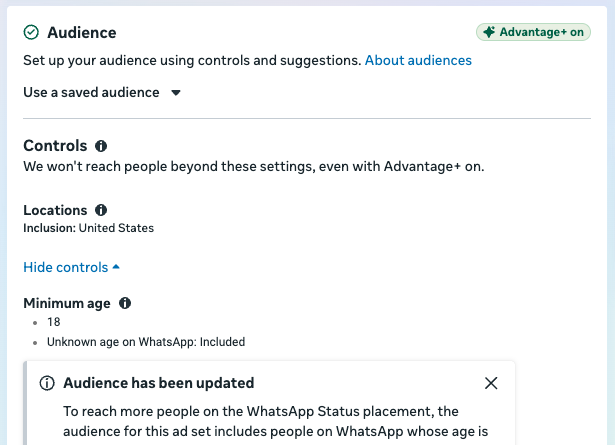 Define the audience for a CTWA Ad Set