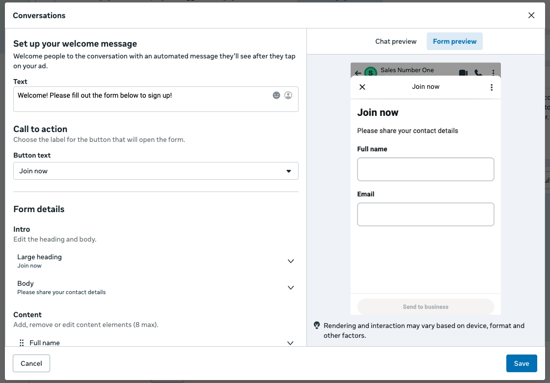 Set the WhatsApp welcome message, form questions and mobile preview