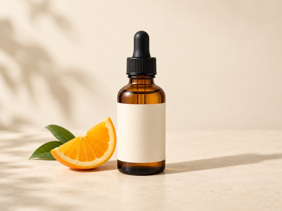 Illustrative unbranded Vitamin C serum bottle with orange
